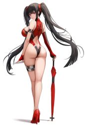  1girl armband ass azur_lane back_cutout brown_hair butt_crack clothing_cutout cross fingerless_gloves from_behind gloves high_heels highres iron_blood_(emblem) iron_cross kcar66t leotard peter_strasser_(azur_lane) pink_eyes race_queen thigh_strap umbrella unfinished 