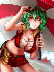  1girl adjusting_eyewear breasts cleavage closed_mouth commentary_request cowboy_shot cross-laced_clothes cross-laced_top daike_(yataka) eyewear_on_head floral_print green_hair holding holding_umbrella kazami_yuuka large_breasts leaning_forward looking_at_viewer midriff miniskirt navel plaid_clothes plaid_skirt red_eyes red_shirt red_skirt red_umbrella scarlet_devil_mansion shirt short_hair skirt sleeveless sleeveless_shirt smile solo sunflower_print sunglasses touhou umbrella white_umbrella 