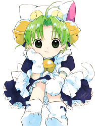  1girl absurdres ahoge artist_name bell black_dress black_eyes cat_tail dejiko di_gi_charat dress full_body gloves green_hair hair_bell hair_ornament hano_luno highres looking_at_viewer neck_bell short_hair simple_background sitting solo tail white_background white_footwear white_gloves  rating:Sensitive score:10 user:danbooru