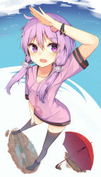 1girl :d absurdres adapted_costume animal_print blush boots breasts collarbone crescent female_focus from_above full_body hair_between_eyes hair_ornament highres hood hoodie legs_apart long_hair open_mouth panties pantyshot pantyshot_through_reflection purple_eyes purple_hair rabbit_print reflection ryu_narb salute short_sleeves small_breasts smile solo standing thighhighs twintails umbrella underwear upskirt vocaloid voiceroid water white_panties wristband yuzuki_yukari rating:Questionable score:24 user:danbooru
