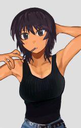  1girl arm_behind_head armpits arms_up azumanga_daiou belt black_belt black_tank_top blue_pants breasts brown_eyes brown_hair cleavage collarbone commentary denim hair_between_eyes hair_tie hair_tie_in_mouth helloaite highres jeans kagura_(azumanga_daioh) large_breasts looking_at_viewer mouth_hold pants shirt short_hair simple_background sleeveless sleeveless_shirt solo tan tank_top tanline tanline_peek upper_body white_background  rating:Sensitive score:44 user:danbooru