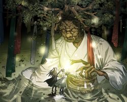 1girl 2boys arms_behind_back bakku_(fspz4427) black_boots black_hair boots chinese_clothes glowing hair_ribbon half_updo hanfu high_ponytail highres jinhongi korean_commentary leaf long_hair long_sleeves multiple_boys open_hands partially_submerged plant_monster ponytail ribbon sash seol_young sheath sheathed standing standing_on_liquid sword tree water weapon white_hanfu white_ribbon wide_sleeves zaha 