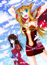  2girls :d back_bow belt blonde_hair blue_eyes blue_sky book bow breasts brown_dress brown_hair cape cleavage closed_mouth cloud commentary cowboy_shot creator_(ragnarok_online) crodire day dress feathered_wings gloves hair_ribbon hairband head_wings high_priest_(ragnarok_online) holding holding_book juliet_sleeves long_hair long_sleeves looking_to_the_side medium_breasts multiple_girls open_mouth outdoors petals pink_belt plunging_neckline pointy_ears potion puffy_sleeves ragnarok_online red_cape red_dress red_hairband red_ribbon ribbon sash short_dress sky smile strapless strapless_dress teeth thighhighs two-tone_dress upper_teeth_only vial white_bow white_dress white_gloves white_sash white_thighhighs white_wings wings 