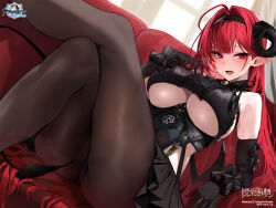 1girl ahoge artist_request ass azur_lane bare_shoulders black_gloves black_hairband black_headband black_horns black_pantyhose black_scrunchie black_skirt blush breasts center_frills check_artist clothing_cutout copyright_name couch crossed_legs curled_horns curtains demon_girl demon_horns demon_tail demon_wings dress elbow_gloves fang frills gloves hair_intakes hairband hand_up headband highres hindenburg_(azur_lane) horns indoors large_breasts legs logo long_hair looking_at_viewer low_wings miniskirt mole mole_under_eye official_art on_couch open_mouth panties pantyhose pleated_skirt pointy_ears red_eyes red_hair red_pupils revealing_clothes scrunchie sitting skin_fang skirt sleeveless solo steam sweat tail thighs underboob underboob_cutout underwear very_long_hair window wings wrist_scrunchie yuyu_(yuyuworks)