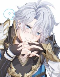  1boy ? antenna_hair armor black_choker black_gloves black_shirt blue_cape blue_eyes cape choker coat fingerless_gloves fz7047 gloves highres honkai:_star_rail honkai_(series) looking_at_viewer male_focus own_hands_together parted_bangs pauldrons phainon_(honkai:_star_rail) shirt short_hair shoulder_armor simple_background single_glove single_pauldron solo spoken_question_mark white_background white_coat white_hair 