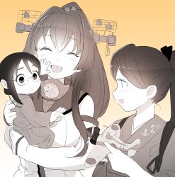  3girls aircraft baby breasts carrying_baby carrying_person closed_eyes detached_sleeves glasses hair_between_eyes hair_ribbon headgear highres holding houshou_(kancolle) japanese_clothes kantai_collection long_hair mizoki_kei monochrome multiple_girls open_mouth ponytail ribbon shinano_(kancolle) simple_background upper_body yamato_(kancolle) 