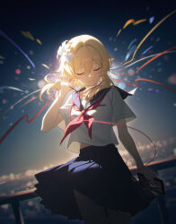  1girl absurdres alternate_costume blonde_hair blue_sailor_collar blue_skirt blurry blurry_background cellphone city_lights closed_eyes closed_mouth commentary_request contemporary cowboy_shot earphones facing_viewer feather_hair_ornament feathers flower genshin_impact hair_flower hair_ornament hand_up highres holding holding_phone listening_to_music lumine_(genshin_impact) midriff_peek neckerchief night night_sky outdoors phone railing red_neckerchief sailor_collar school_uniform serafuku shali shirt short_hair_with_long_locks short_sleeves skirt sky smartphone smile solo white_shirt 