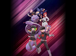  2boys 2girls arbok ariana_(pokemon) artist_request belt bird black_belt black_hat black_pants black_shirt boots breasts bright_pupils buck_teeth closed_mouth elbow_gloves facial_hair fangs forked_tongue gen_1_pokemon gen_2_pokemon gloves green_eyes green_hair grey_belt grey_boots grey_gloves grin hand_on_own_hip hat highres koffing long_sleeves medium_hair multiple_boys multiple_girls murkrow nintendo nostrils official_art open_mouth pants petrel_(pokemon) pointing pokemon pokemon_frlg pokemon_hgss pokemon_tcg purple_hair rattata red_eyes red_hair second-party_source shirt short_hair skirt skull_and_crossbones smile team_rocket team_rocket_grunt team_rocket_uniform teeth tongue tongue_out v-shaped_eyebrows white_pupils white_shirt white_skirt 