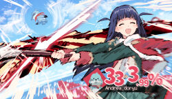  1girl ^_^ baseball_bat blue_hair blue_sky blunt_bangs bullfalk closed_eyes commentary_request damage_numbers fur-trimmed_jacket fur_trim gameplay_mechanics green_shirt highres holding holding_baseball_bat jacket jacket_on_shoulders long_hair long_sleeves nintendo open_mouth parody percentage red_jacket shirt shoujo_kageki_revue_starlight sky smear_frame smile solo super_smash_bros. swinging_baseball_bat tsuyuzaki_mahiru two-handed two_side_up v-shaped_eyebrows 