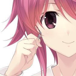 1girl chaos;child close-up closed_mouth false_smile fingernails hair_between_eyes hand_up looking_at_viewer official_art onoe_serika pink_hair portrait sasaki_mutsumi shiny_eyes shiny_lips short_hair simple_background smile solo unzipping white_background 