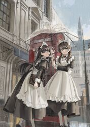  2girls apron bag black_dress blush brown_eyes brown_hair dress frilled_apron frills hair_ornament highres holding holding_umbrella long_hair long_sleeves maid maid_apron maid_headdress multiple_girls open_mouth original pantyhose phone_booth puffy_sleeves shii_(kairi-t-k0317) shoes shoulder_bag umbrella white_apron white_pantyhose 