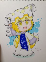  1girl 2015 absurdres artist_name blonde_hair blue_tabard chibi dated dress fang fox_girl fox_tail frilled_sleeves frills full_body happy hat highres homara8524 long_sleeves looking_at_viewer marker_(medium) mob_cap multiple_tails open_mouth photo_(medium) skin_fang solo tabard tail touhou traditional_media white_dress white_hat yakumo_ran yellow_eyes 