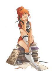 1girl ass bare_legs black_shirt breasts full_body happy high_heels highres large_breasts long_hair looking_up miniskirt ponytail red_hair shirt signature simple_background sitting skirt smile smiley_face socks solo swing thighhighs trizia_(character) trizia_(pedro_perez) white_background rating:Sensitive score:5 user:fakyuh