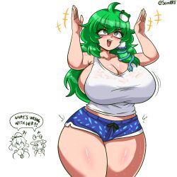 3girls ahoge alternate_costume artist_name bare_shoulders blush breasts bursting_breasts cleavage crop_top frog_hair_ornament gesture green_hair hair_ornament hair_tubes hands_up kochiya_sanae large_breasts long_hair moriya_suwako motion_lines multiple_girls open_mouth revealing_clothes seireiart short_shorts shorts simple_background snake sweat sweatdrop thick_thighs thighs touhou white_background wide_hips yasaka_kanako