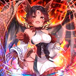  1girl :d bare_shoulders bemani black_panties breasts claws detached_sleeves dragon_girl dragon_horns dragon_tail dragon_wings facial_mark fang fire highres horns looking_at_viewer monster_girl open_mouth panties red_eyes rex_(sound_voltex) scales sen_chan_(akane1023) short_hair slit_pupils smile solo sound_voltex tail underwear wings 