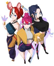  3girls absurdres bare_shoulders braid cosplay crop_top daaku_(koizumi_arata) hair_bun hakos_baelz highres hololive hololive_english irys_(hololive) kpop_demon_hunters long_hair mira_(kpop_demon_hunters) mira_(kpop_demon_hunters)_(cosplay) multiple_girls ouro_kronii pink_hair polearm purple_hair rumi_(kpop_demon_hunters) rumi_(kpop_demon_hunters)_(cosplay) single_braid sleeveless sword weapon white_background zoey_(kpop_demon_hunters) zoey_(kpop_demon_hunters)_(cosplay) 