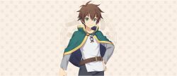  1boy belt belt_buckle black_pants brown_belt brown_hair buckle cape closed_mouth cowboy_shot game_cg green_cape green_eyes hand_on_own_hip highres kono_subarashii_sekai_ni_shukufuku_wo! konosuba!_fantastic_days long_sleeves looking_at_viewer official_art pants patterned_background satou_kazuma shirt short_hair smile solo standing tachi-e white_shirt wispy_bangs 