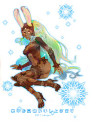  00s 1girl animal_ears breasts rabbit_ears cleavage cotton_candy_(artist) dark_skin dark-skinned_female female_focus final_fantasy final_fantasy_xii fran_(ff12) full_body high_heels leotard long_hair midriff red_eyes shoes silver_hair solo viera white_background 