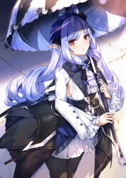  1girl absurdres artist_name black_pantyhose breasts commentary cowboy_shot dated expressionless from_above highres holding holding_umbrella kyouko_kasa long_hair long_sleeves looking_at_viewer mole mole_under_eye multicolored_hair pantyhose pointy_ears purple_hair red_eyes ringlets sideboob sidelighting solo standing streaked_hair umbrella vivian_banshee zenless_zone_zero 