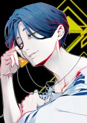  1boy artist_collaboration b1ue_e4rth black_background blue_hair commentary_request hair_between_eyes hand_up highres holding holding_jewelry holding_necklace jewelry kikkyawa looking_at_viewer male_focus meguriya_ayumu necklace shirt short_hair smile solo toshi_densetsu_kaitai_center triangle_necklace upper_body yellow_eyes 