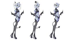  1girl absurdres bat_wings blue_skin breasts colored_skin female_focus full_body highres horns monster_girl pointy_ears pubic_tattoo standing tattoo thighhighs torre variations white_background white_hair wings yellow_eyes  rating:Sensitive score:2 user:Lizard