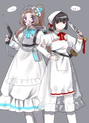  2girls absurdres all-around_helper alternate_costume alternate_hairstyle apron bandana black_hair blue_bow blue_bowtie blue_eyes bow bowtie breasts brown_hair collared_shirt dress grey_background highres holding holding_knife juliet_sleeves knife large_breasts limbus_company long_hair long_sleeves looking_at_viewer maid_headdress mask multiple_girls open_mouth pantyhose parted_bangs ponytail project_moon puffy_sleeves red_bow red_bowtie red_eyes respirator rodion_(project_moon) ryoshu_(project_moon) see-through_clothes see-through_skirt shirt short_hair simple_background skirt standing upper_body white_apron white_bandana white_dress white_pantyhose yue_doux 
