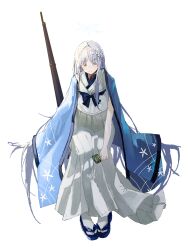  1girl arisaka blue_archive blue_halo blue_ribbon bolt_action chinese_commentary closed_mouth commentary_request food gun hair_ornament hakama halo haori highres holding holding_food japanese_clothes light_blush long_hair miyabi_(inarizushi) multicolored_halo nagusa_(blue_archive) okobo pale_skin platform_sandals ribbon rifle sandals school_uniform serafuku simple_background sitting sleeveless snowflake_hair_ornament snowflake_print snowflakes solo tabi very_long_hair weapon white_background white_eyes white_hair white_halo yuki_onna 