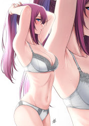 1girl armpits arms_up artist_name blue_eyes bra breasts commentary cowboy_shot grey_bra grey_panties highres holding holding_own_hair kawaii_dake_ja_nai_shikimori-san medium_breasts navel panties parted_lips ponytail profile purple_hair shikimori_miyako solo underwear underwear_only xter zoom_layer rating:Sensitive score:197 user:danbooru