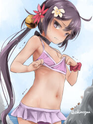  1girl akebono_(kancolle) akino_shuu bell bikini black_hair commentary_request cowboy_shot crab flat_chest flower hair_bell hair_flower hair_ornament jingle_bell kantai_collection long_hair looking_at_viewer navel parted_lips pink_bikini purple_eyes purple_hair side_ponytail solo soolo swimsuit 