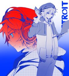  1boy alternate_costume alternate_universe aqua_eyes beanie blue_background bright_pupils cellphone closed_mouth computer copyright_name detroit:_become_human empty_eyes expressionless furrowed_brow gradient_background hair_between_eyes hat headphones highres hiyori_sou holding holding_laptop holding_phone jacket jacket_over_hoodie jewelry key key_necklace kimi_ga_shine laptop light_frown looking_ahead looking_at_viewer male_focus multicolored_jacket multiple_views necklace open_clothes open_jacket pants parody phone short_hair sidelocks smartphone standing sweatdrop turtleneck two-tone_jacket white_background white_pupils yellowmao0509 
