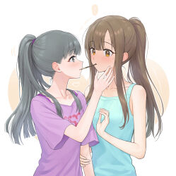  2girls aqua_tank_top blunt_ends blush bra_strap brown_hair collarbone commentary english_commentary eye_contact food full-face_blush grey_eyes grey_hair hair_over_shoulder hand_on_another&#039;s_arm hand_on_another&#039;s_face hand_up heart highres idolmaster idolmaster_cinderella_girls kobayakawa_sae long_hair long_sidelocks looking_at_another mizumoto_yukari multiple_girls orange_eyes parted_bangs pink_shirt pocky pocky_kiss ponytail print_shirt shared_food shirt short_sleeves sidelocks simple_background standing sweat t-shirt tag_(tf18080512) tank_top upper_body white_background wide_sleeves yuri 