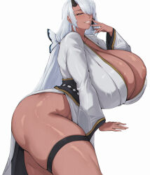  areola_slip ass aya_(trickcal) breasts curvy dark-skinned_female dark_skin gigantic_breasts highres horns huge_breasts long_hair plump single_horn thick_thighs thigh_strap thighs trickcal white_background white_hair zer0.zer0 