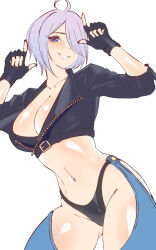  1girl angel_(kof) backless_pants blue_eyes bra breasts chaps cleavage crop_top cropped_jacket fingerless_gloves gloves hair_over_one_eye horns_pose index_fingers_raised jacket large_breasts leather leather_jacket looking_at_viewer midriff navel panties pants short_hair smile snk solo strapless strapless_bra the_king_of_fighters the_king_of_fighters_xiv toned toned_female underwear volyz white_hair 