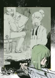  1boy absurdres ascot black_ascot border brooch collared_shirt conductor_baton da_capo_(e.g.o) e.g.o_(project_moon) floor_of_art&#039;s_glowing_creature green_background green_hair grey_border hair_bun highres jewelry library_of_ruina long_hair male_focus mownai1648 multiple_views netzach_(project_moon) painting_(object) partially_colored project_moon shirt simple_background sitting solo undone_ascot upper_body 