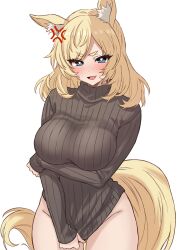  1girl absurdres alternate_costume anger_vein animal_ear_fluff animal_ears arknights arm_under_breasts asymmetrical_bangs blonde_hair blue_eyes blush breasts brown_sweater clothes_tug commentary covering_crotch covering_privates cowboy_shot embarrassed fang glaring highres horse_ears horse_girl horse_tail large_breasts long_sleeves looking_at_viewer medium_hair midori10 naked_sweater open_mouth parted_bangs ribbed_sweater scowl short_eyebrows simple_background solo standing sweatdrop sweater sweater_tug tail turtleneck turtleneck_sweater whislash_(arknights) white_background 