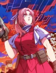  1990s_(style) 1girl ammunition_pouch artist_name belt breasts brown_belt buttons city cityscape cowboy_shot dress fingerless_gloves gloves gun hair_ribbon handgun highres holding holding_gun holding_weapon holster makai_(touhou) medium_breasts pink_hair pouch puffy_short_sleeves puffy_sleeves red_shirt retro_artstyle ribbon sara_(touhou) shirt short_sleeves solo thigh_holster touhou touhou_(pc-98) tree ultragruntyy weapon 