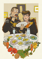  3boys absurdres aqua_eyes black_hair black_jacket chef_hat collared_jacket cup diamond_wa_kudakenai dollar_sign eating film_grain fork gakuran grey_hair hand_on_own_chin hat heart higashikata_josuke highres holding holding_fork holding_plate jacket jojo_no_kimyou_na_bouken looking_at_another looking_at_food low_ponytail male_focus multicolored_hair multiple_boys nijimura_okuyasu open_mouth orange_shirt plate pompadour ponytail restaurant scared school_uniform shirt short_ponytail spoon sweatdrop t_0nd table tongue tongue_out tonio_trussardi two-tone_hair 