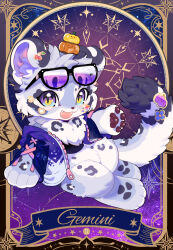  1boy :3 androgynous animal_ears animal_feet animal_hands chibi chibi_only chibikemo commentary digitigrade eyewear_on_head fangs fluffy fluffy_land furry furry_male gemini_(symbol) gemini_(zodiac) highres jacket kikugawa_ru looking_at_viewer male_focus official_art open_clothes open_jacket open_mouth oslo_(fluffy_land) pawpads pumpkin purple_eyes second-party_source snow_leopard_boy snow_leopard_ears snow_leopard_tail solo sticker sunglasses symbol-only_commentary tail zodiac 