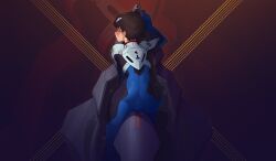  1boy absurdres ass bent_over black_hair blush bodysuit bulge cockpit from_behind highres ikari_shinji looking_at_viewer looking_back male_focus mecha_pilot_suit mrfuga neon_genesis_evangelion plugsuit_(evangelion) short_hair solo tight_clothes 
