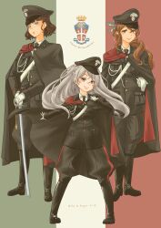  3girls absurdres aiguillette alternate_costume black_boots black_cape black_jacket black_necktie black_pants boots brown_eyes brown_hair cape collared_shirt conte_di_cavour_(kancolle) emblem eyewear_strap flag_background full_body glasses gloves grey_hair hair_over_shoulder hat highres italian_flag jacket kantai_collection littorio_(kancolle) long_hair long_sleeves looking_at_viewer military_hat military_jacket military_uniform multiple_girls necktie pants peaked_cap pince-nez pot-de roma_(kancolle) sash shirt short_hair standing sword twitter_username two_side_up weapon white_gloves white_shirt 