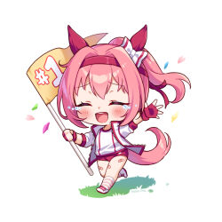  1girl :d animal_ears bandaid bandaid_on_leg blush bow buruma closed_eyes commentary ear_bow fingerless_gloves flag full_body gloves haru_urara_(umamusume) headband holding holding_flag horse_ears horse_girl horse_tail jacket long_hair long_sleeves moorina open_clothes open_jacket open_mouth pink_hair ponytail red_buruma red_gloves red_headband running shirt shoes short_sleeves simple_background smile solo symbol-only_commentary tail tears umamusume white_background white_bow white_shirt white_shoes 
