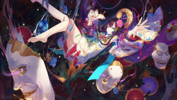  1girl artist_name aura bare_legs barefoot black_background blue_eyes blue_flower brown_eyes brown_hair chihaya_(clothing) commentary criin expressionless eye_trail floating floating_object flower foot_out_of_frame fox_mask hair_flower hair_ornament headpiece highres holding holding_mask japanese_clothes kanzashi kikumon kimono knees_together_feet_apart light_particles light_trail long_sidelocks looking_at_viewer mask menreiki nihongami noh_mask official_art onmyoji outstretched_arm outstretched_hand parted_lips pink_flower print_kimono sakuramon short_kimono sidelocks sleeve_bow soles solo spread_fingers tassel toes unworn_mask white_kimono white_mask wide_sleeves 