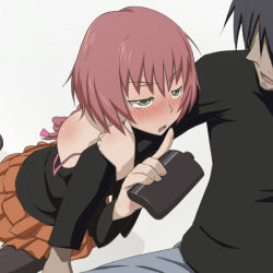  00s 1boy 1girl black_hair blush darker_than_black drunk flask green_eyes hei_(darker_than_black) hip_flask kanna_asuke off_shoulder pantyhose petite red_hair saliva strap_slip suou_pavlichenko  rating:Sensitive score:76 user:danbooru