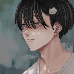  1boy adam&#039;s_apple closed_mouth commentary_request hair_ornament hairclip highres hikaru_ga_shinda_natsu male_focus mole mole_on_neck mole_under_mouth portrait shirt short_hair solo tsujinaka_yoshiki user_vvtd7284 white_shirt 