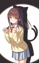  1girl animal_ears blush bow bowtie brown_eyes brown_hair cat_ears cat_tail character_request closed_mouth commentary copyright_request cowboy_shot different_shadow expressionless grey_skirt highres long_sleeves looking_at_viewer multiple_tails na-ga paw_pose pleated_skirt red_bow red_bowtie school_uniform shirt skirt solo spotlight straight_hair sweater tail white_shirt yellow_sweater 