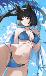  1girl absurdres animal_ears bikini black_eyes black_tail blue_archive blue_bikini blue_halo blue_tail cat_ears cat_girl cat_tail colored_inner_animal_ears criss-cross_straps gradient_tail halo highres kikyou_(blue_archive) kikyou_(swimsuit)_(blue_archive) layered_bikini multi-strapped_bikini_bottom multi-strapped_bikini_top multiple_tails official_alternate_costume psp3311 solo swimsuit tail two_tails 