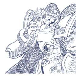  aiba_ami alphamon blue_eyes digimon digimon_(creature) digimon_story:_cyber_sleuth goggles goggles_on_head long_hair monochrome red_hair sidetail sketch  rating:General score:0 user:Chaos11