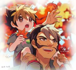  2boys amanogawa_ryuusei amanogawa_taiki artist_name black_hair blonde_hair brown_eyes brown_hair carrying child commentary dated facial_hair falling_leaves father&#039;s_day father_and_son friendly_mutton_chops grabbing_another&#039;s_ankles grey_shirt hair_between_eyes holding holding_leaf jinzou_konchuu_kabutoborg_vxv kuroda_(kuro_yyy) leaf looking_up male_focus maple_leaf multicolored_hair multiple_boys mustache mutton_chops open_mouth orange_leaf outdoors red_shoes red_shorts shirt shoes short_hair shorts shoulder_carry sideburns signature smile translated tree two-tone_hair white_hair 