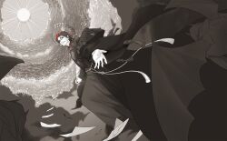  1boy black_cloak black_hair cape cloak cloud dante_alighieri_(fate) dante_alighieri_(third_ascension)_(fate) demon demon_horns demon_wings fate/grand_order fate_(series) feather_nib_pen floating_crown heaven hell highres holding holding_pen hood horns laurel_crown looking_at_viewer looking_down miyuyoko pages partially_colored pen reaching reaching_towards_viewer rope rope_belt sun tassel wings 