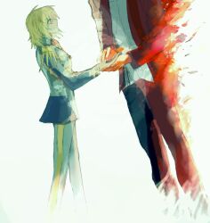  1girl absurdres blonde_hair cagalli_yula_athha father_and_daughter gundam gundam_seed highres holding_hands jacket long_sleeves medium_hair military_jacket military_uniform pants she_(morianosu) shirt simple_background uzumi_nara_athha white_background yellow_eyes 